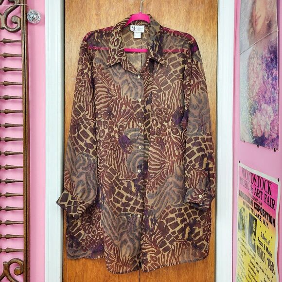 Vintage 90s Brown Animal Print Sheer Tunic Blouse - Picture 5 of 8